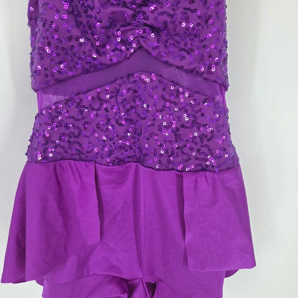 Weissman Purple Sequin Mock Neck Halter Dance Costume Skirted Leotard Kids SC